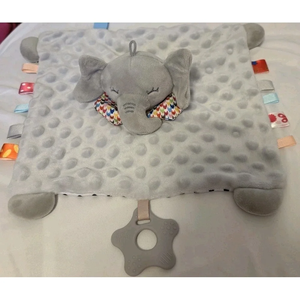 JellyBean Elephant Gray Lovey Security Blanket Minky Crinkle Teether ribbon loop